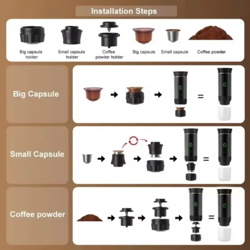 Portable Wireless Electric Espresso Coffee Maker - 3-in-1 Travel, Car, and Home Brewing Solution for Capsule and Ground Coffee