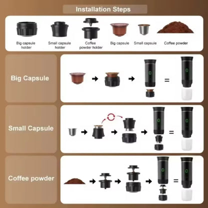 Portable Wireless Electric Espresso Coffee Maker - 3-in-1 Travel, Car, and Home Brewing Solution for Capsule and Ground Coffee
