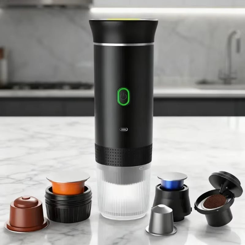 Portable Wireless Electric Espresso Coffee Maker - 3-in-1 Travel, Car, and Home Brewing Solution for Capsule and Ground Coffee