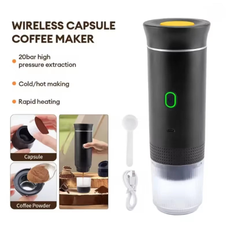 Portable Wireless Electric Espresso Coffee Maker - 3-in-1 Travel, Car, and Home Brewing Solution for Capsule and Ground Coffee